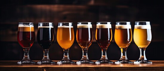 Wall Mural - Various types of craft beer are displayed on a wooden bar arranged in a row of pint glasses A closeup reveals five distinct draught beers in a pub With copyspace for text