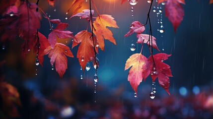 Wall Mural - Beauty of autumn rain, with raindrops on colorful leaves.