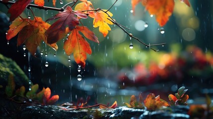 Wall Mural - Beauty of autumn rain, with raindrops on colorful leaves.