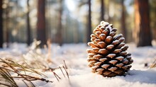 Close Up Of A Pine Cone In The Snow. Beautiful Winter Background