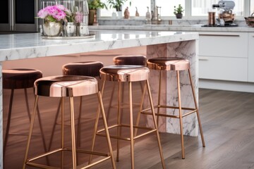 Poster - rose-gold bar stools by a marble kitchen island