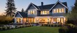 At twilight a luxurious home exterior in beautiful modern farmhouse style