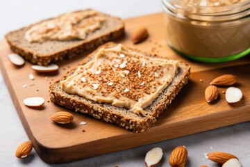 Sticker - whole grain toast smeared with almond butter on a wooden board