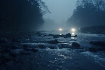  two cars driving down a river in the foggy night.  generative ai