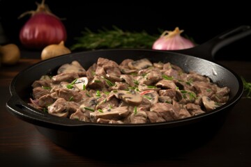 Wall Mural - sizzling beef stroganoff in a black frying pan