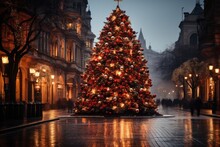 Festive Decorations During Christmas Time In Small European City Or Town, Generative Ai