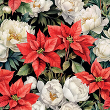 Seamless Vintage Christmas Vector Background With Red Poinsettia And White Peony Flowers.