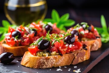 Poster - detail focus on bruschetta with olives on a rustic stone plate