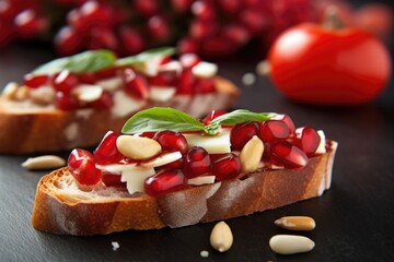 Poster - close-up of halved pomegranate next to its seeds on bruschetta