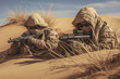 Against a backdrop of towering sand dunes, a group of camouflaged snipers lies in wait, their sharpshooting skills honed for precision in the harsh desert environment. 