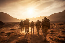 In The Scorching Desert Sun, A Squad Of Soldiers Marches In Perfect Formation, Their Uniforms Glistening With Sweat As They Traverse The Arid Landscape. 