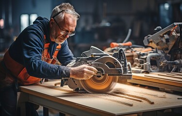 In an apartment, a master cut a laminated wood shelf piece using a manual power saw. Concept of a laminate cutter.