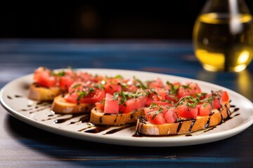 Canvas Print - bruschetta with truffle oil on a plate with a blue rim