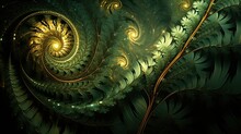 Fractal Inspired By Dense Rainforests, With A Color Palette Of Deep Greens, Golds, And Earthy Browns.
