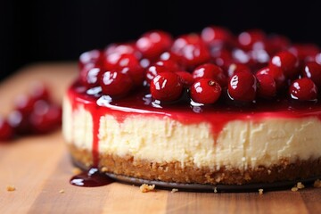 Poster - close-up of a cheesecake with a cherry topping