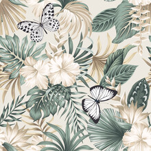 Tropical Hibiscus And Palm Leaves With Butterfly Floral Pattern. 