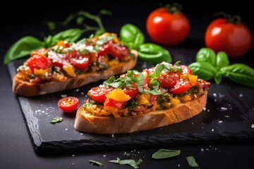 Canvas Print - tomato bruschetta decorated with fresh basil leaves on slate surface