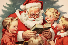 Vintage Santa Claus Reading A Book To Happy Children