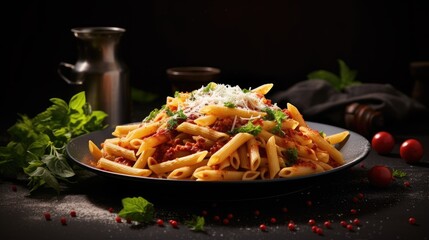 Leinwandbilder - Italian penne alla arrabiata with basil grated parmesan on dark table Spicy penne pasta arrabbiata with cheese and basil