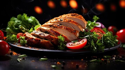 Fototapete - Healthy food concept with chicken turkey fillet and salad Keto diet