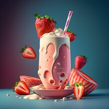 A 5 Dimensional Strawberry Milk Drink With Bananna Slices Apple Slices Strawberry Slices Yogurt Professional Food Photography Proffessional Color Grading Photorealistic Ultra Detail HDR Vray Render 
