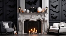 Halloween Themed White Fireplace With Cage Bats And Spiders Modern Decor 3d Rendering