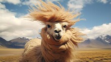 Humorous South American Camelid On A Gusty Day
