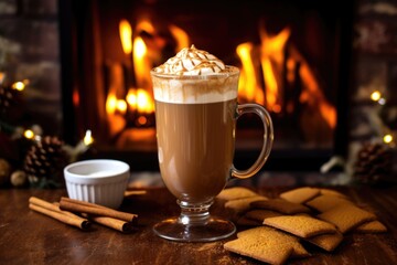 Poster - gingerbread latte sitting next to a lit fireplace