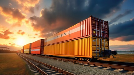 Intermodal containers transported on train car for rail freight shipping logistics facilitating import export of goods from China