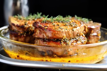 Poster - baked honey mustard pork chops stacked on a glass plate