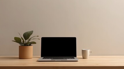 Laptop with blank screen on table workspace laptop showing blank screen background