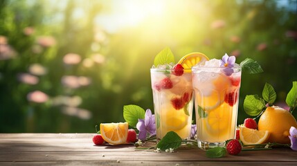 Fototapete - Glasses of lemonade with frappe ice on a wooden table in a summer garden
