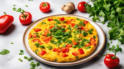 Aufkleber - Healthy homemade food Vegan chickpea omelet with bell peppers tomatoes cucumbers lettuce and parsley on a light gray textured background