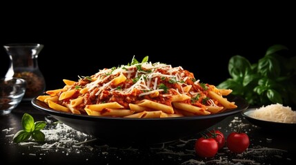 Leinwandbilder - Italian penne alla arrabiata with basil grated parmesan on dark table Spicy penne pasta arrabbiata with cheese and basil