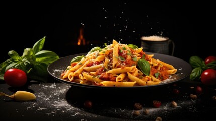 Wall Mural - Italian penne alla arrabiata with basil grated parmesan on dark table Spicy penne pasta arrabbiata with cheese and basil