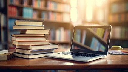 Library desk with books and laptop representing education technology and e learning