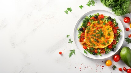 Aufkleber - Healthy homemade food Vegan chickpea omelet with bell peppers tomatoes cucumbers lettuce and parsley on a light gray textured background