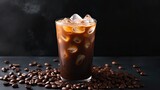 Iced coffee and coffee beans in glass on white background Focus on coffee