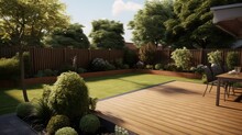 Freshly Landscaped Garden With A Mix Of Artificial And Natural Grass Planted Borders A New Patio And Decorative Garden Accents Enclosed By New Wooden Fencing