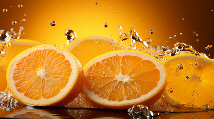 Appetizing cut orange fruits with drops of juice