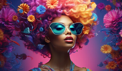 Wall Mural -  Surreal Portrait of Woman with Sunglasses and Flowers