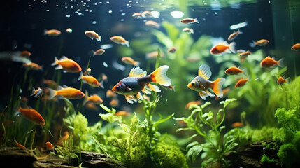 Wall Mural - Aquarium fish Guppy swim among algae and stones, corrals and underwater plants in an aquarium