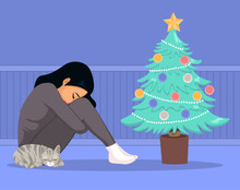 Lonely Woman Spending Christmas Time Alone Crying With Lovely Pet Cat. Sad Girl With No Family Spending Winter Holidays Depressed