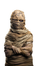 Studio Shot Portrait Of Scary Mummy Pose. Halloween Cosplay Like A Clamber Acting. Isolated On Transparent Background.