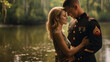 In a serene lakeside setting, a Marine Corps corporal shares a moment of peace and happiness with his spouse, their smiles mirroring the tranquility of their reunion. 