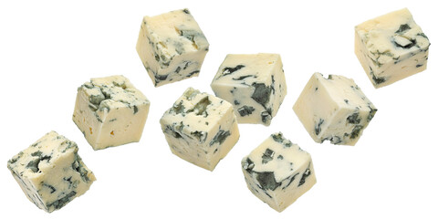 Wall Mural - falling blue cheese cubes isolated on white background, full depth of field