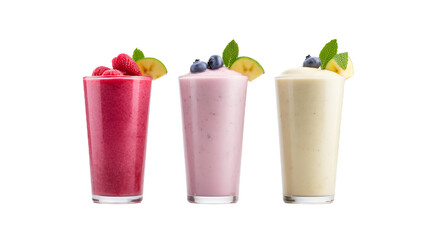 Wall Mural - Row of healthy fresh fruit and vegetable smoothies with assorted ingredients served in glass bottles with straws isolated on transparent background