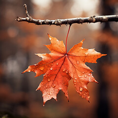 Wall Mural - Autumn maple leaf on a tree branch with bokeh background