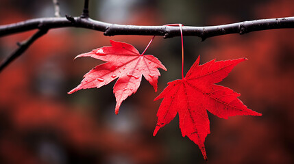 Autumn maple leaf on a tree branch with bokeh background