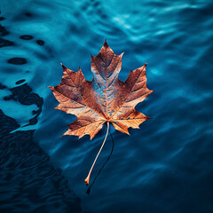 Wall Mural - Autumn maple leaf on water surface with ripples. Copy space.